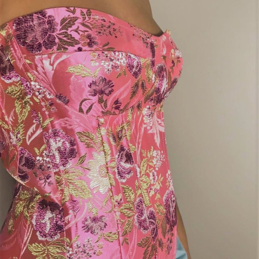 PINK ORIENTAL SATIN CORSET EMBROIDERED FLOWER PRIN - Picture 4 of 4